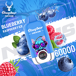 Blueberry Raspberry Ice Stagbar Nexus vape juice bottle with a blue cat in sunglasses, framed by blueberries and raspberries.