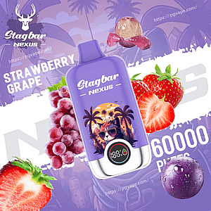 Purple Stagbar Nexus vape bottle with tropical sunset illustration and a sunglasses-wearing cat, amid strawberries and grapes.