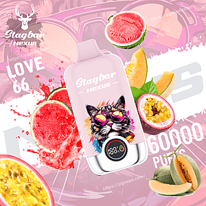 Pink Stagbar Nexus bottle with a sunglasses-wearing cat, surrounded by watermelon, cantaloupe, and passion fruit slices.
