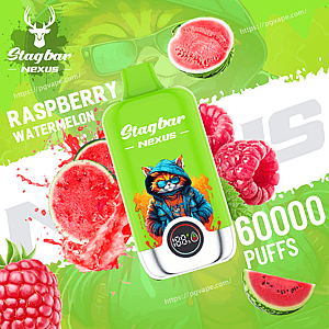 A Green Stagbar Nexus vape with a cartoon figure, Raspberry Watermelon flavor, set among raspberries and watermelon slices.