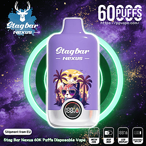 Purple Stag Bar Nexus disposable vape bottle featuring a tropical cat wearing sunglasses, set against a space-themed background with a glowing ring