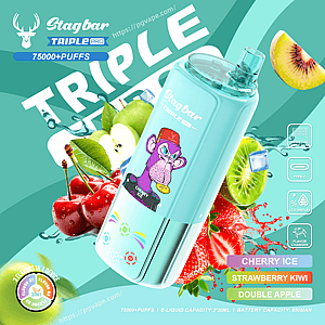 Turquoise Stagbar Triple Pro vape device angled diagonally with a cartoon monkey sticker, surrounded by fruits and splash graphics.