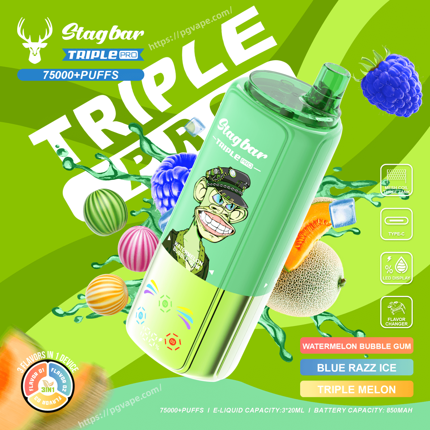 Bright green Stagbar vape bottle with a cartoon monkey captain label, on a lime-green background with fruit graphics