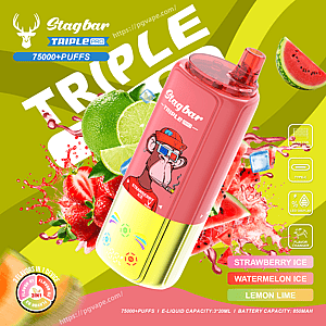 Pink gradient vape bottle labeled Stagbar Triple Pro with a cartoon monkey; strawberry ice flavor amid lime and berry imagery.