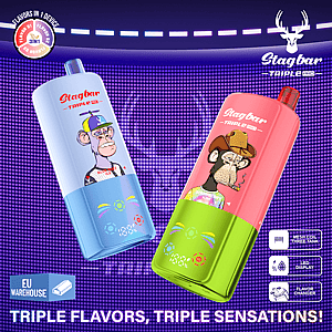 Two Stagbar Triple Pro disposable vapes, blue and pink-green, with cartoon characters, on a purple dotted background.