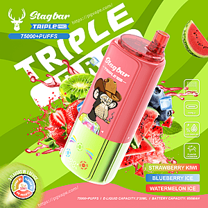 Stagbar Triple Pro vape with a pink bottle and cartoon monkey, on a lime-green background with fruit splashes and flavors Strawberry Kiwi, Blueberry Ice, Watermelon Ice.