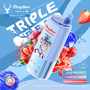 Blue vape bottle labeled Stag Bar Triple Pro with a cartoon monkey, surrounded by strawberries and fruit.