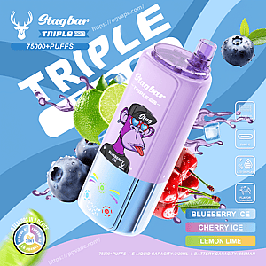 Purple Stagbar Triple Pro vape bottle with a cartoon monkey logo on a blue background, featuring Blueberry Ice, Cherry Ice, and Lemon Lime.