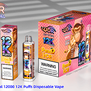 UOR Crystal Peach Ice disposable vape with pink checkered packaging and a clear device labeled 12K Puffs.
