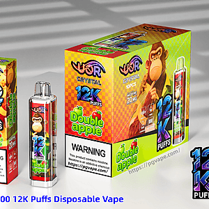 Colorful UOR Crystal 12000 12K Puffs disposable vape display with double-apple flavor, cartoon monkey, and a clear device.