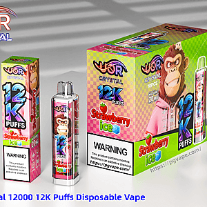 Colorful UOR Crystal 12K Puffs strawberry ice disposable vape packaging, featuring a gorilla mascot and bold 12K Puffs text.