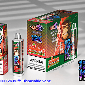 UOR Crystal 12K Puffs disposable vape packaging in strawberry watermelon flavor with a cartoon monkey.