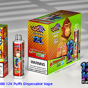 Colorful UOR Crystal 12K Puffs watermelon ice disposable vape set featuring a monkey mascot and a bottle-shaped device.