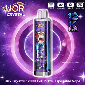 Purple space ad for UOR Crystal 12K Puffs disposable vape, transparent device with a monkey graphic and Grape Ice label.