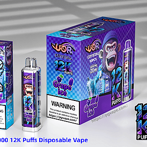 UOR Crystal 12K Puffs disposable vape with grape ice flavor, displayed beside purple packaging and a clear device.