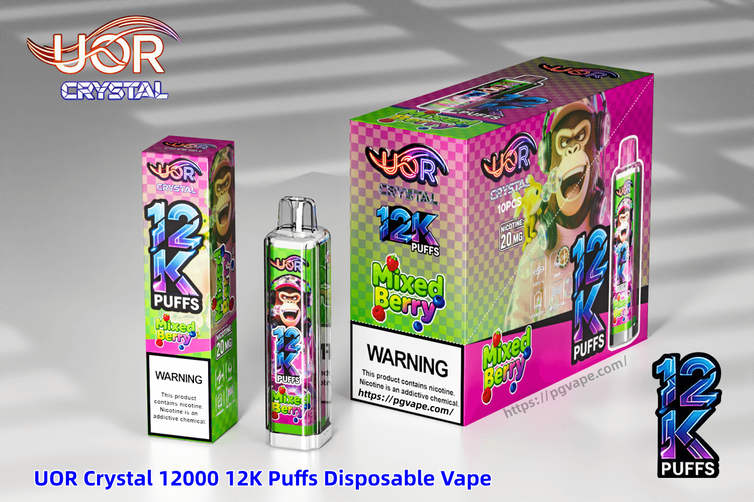 Bright UOR Crystal 12K Puffs Mixed Berry disposable vape packaging with pink and green checker design and a monkey mascot.