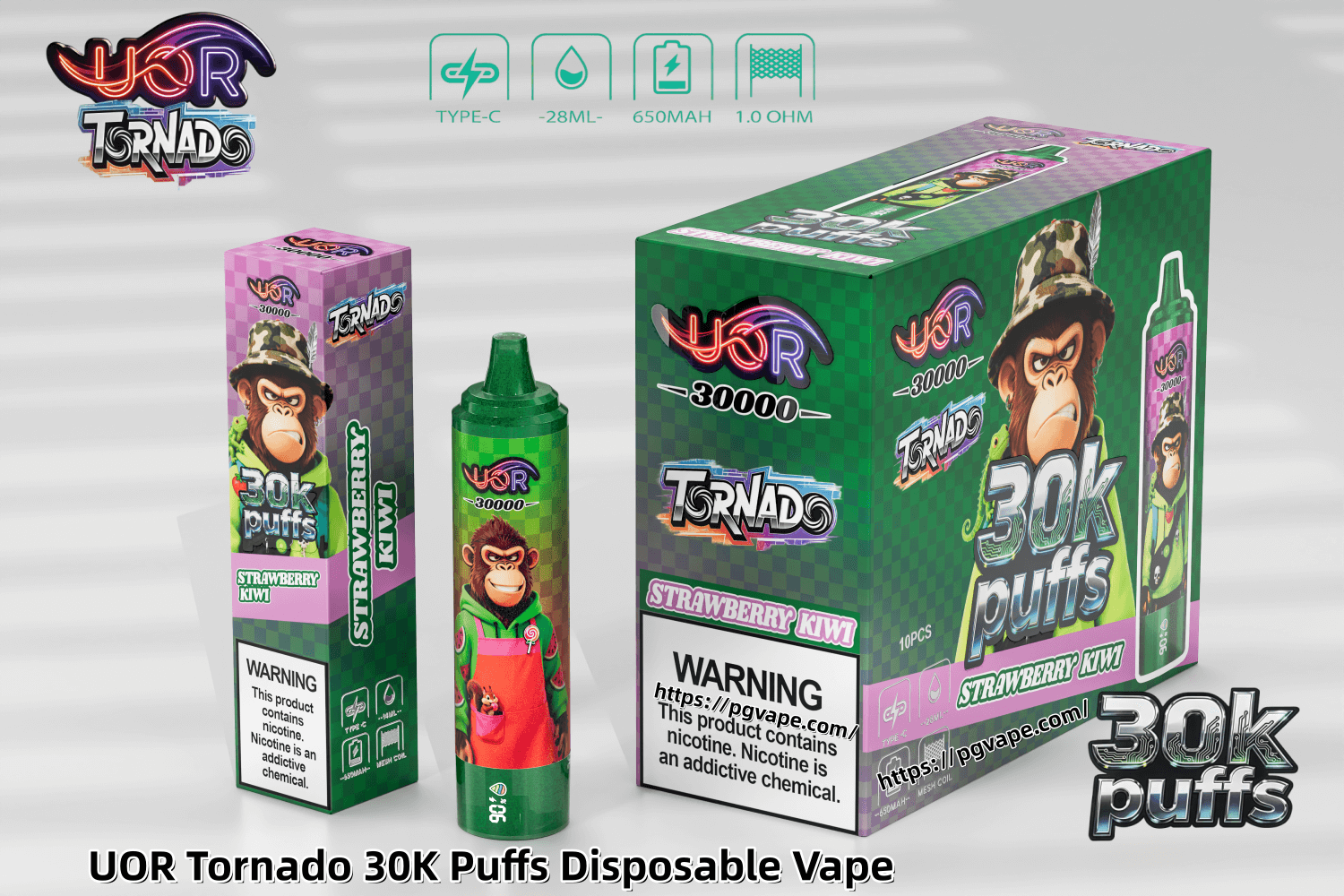 UOR Tornado 30K Puffs disposable vape packaging with green checkered box featuring monkey mascot and Strawberry Kiwi flavor.