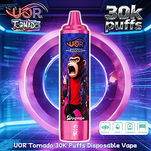 Pink disposable vape with a gorilla graphic, UOR Tornado branding and 30K puffs on a neon futuristic background.