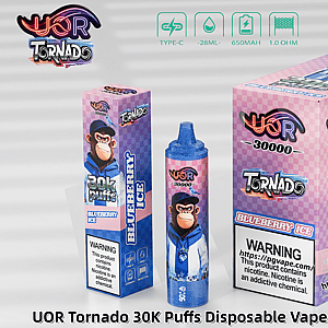 UOR Tornado 30K Puffs disposable vape packaging featuring pink checker boxes, a cartoon monkey mascot, and Blueberry Ice flavor.