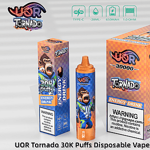 UOR Tornado 30K Puffs disposable vape packaging with orange checkered boxes and a cartoon monkey mascot.
