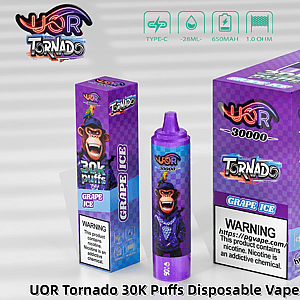 Purple UOR Tornado 30K Puffs grape ice disposable vape packaging featuring a cartoon monkey and a purple vape device.