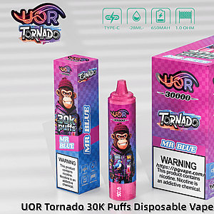UOR Tornado 30K Puffs disposable vape packaging in pink and purple with a cartoon monkey and MR BLUE flavor bottle.
