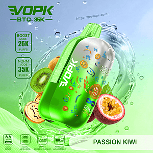 Green EVOPK vape device with kiwi and passion fruit graphics, showing Boost 25K and Norm 35K puffs, Passion Kiwi.