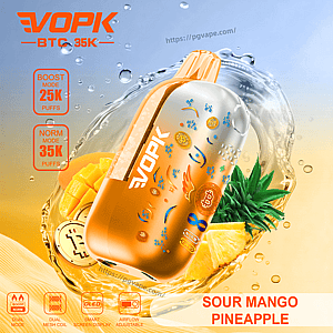 EVOPK vape device in orange-silver gradient with mango and pineapple motif, Sour Mango Pineapple flavor, Boost 25K / Norm 35K