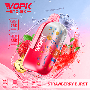 Pink EVOK vape device with Bitcoin symbols, 25K/35K puff modes, amid a strawberry splash.