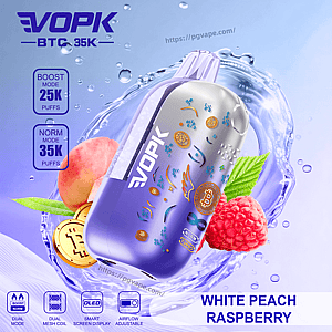 EVOPK vape device in purple-silver gradient with peach and raspberry imagery and water splash; flavor White Peach Raspberry.