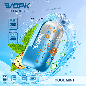 Blue EVOPK vape device with Bitcoin icons, mint leaves and ice splash, showing Boost 25K and Norm 35K puffs, Cool Mint.