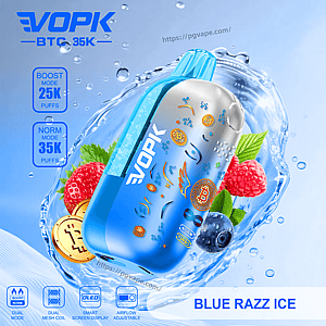 Blue EvoPK vape device with Blue Razz Ice flavor, floating in water among berries and coins, showing Boost Mode 25K and Norm Mode 35K puffs.