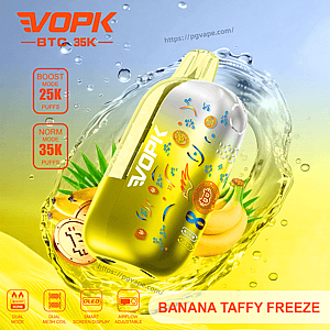 Bright yellow EVOPK banana taffy vape bottle with Bitcoin symbols, a water splash and tropical banana background.