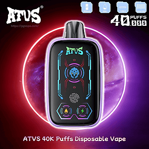ATVS 40K Puffs disposable vape device with a purple frame and neon blue-pink futuristic graphics on a black screen.