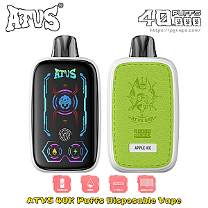 Two ATUS 40K Puffs disposable vapes; front shows neon UI on black body, back features lime green stitched panel with Apple Ice.