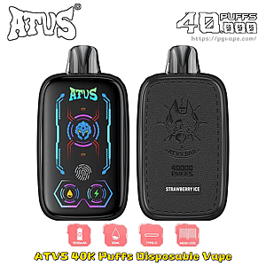 Front and back views of a black ATVS 40K Puffs disposable vape with neon UI and Strawberry Ice flavor