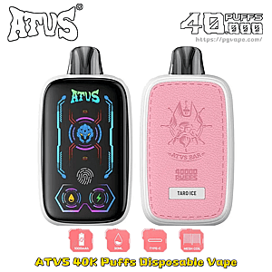 Two ATVS 40K Puffs disposable vapes; left device shows neon UI, right device has a pink leather back with TARO ICE and ATVS BAR branding.