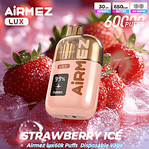 Pink disposable vape with a gold cap and Lux branding, display showing 99% Turbo, among strawberries and ice; Strawberry Ice.