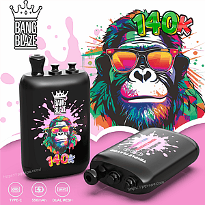 Colorful gorilla wearing mirrored sunglasses with a splash background, 140K text, Bang Blaze logo, and two black vape devices