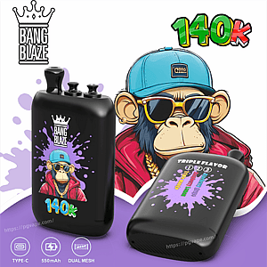 Cartoon monkey wearing a blue cap and sunglasses beside two black vape mods with purple splash designs and 140k label.