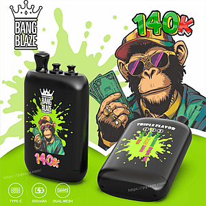Two black Bang Blaze vapes with lime splat art; left features a cash-holding monkey and 140K, right promotes Triple Flavor.