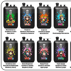 Two rows of six Bang Blaze e-liquid bottles, black with colorful animal illustrations and a 140k label, each with its flavor name shown beneath.