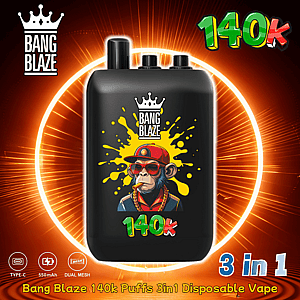 Black Bang Blaze disposable vape with a label featuring a cartoon character wearing a red cap, crown logo, and 140k Puffs.