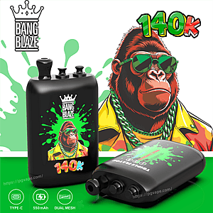 Gorilla wearing green sunglasses and a yellow jacket with a green chain, beside a black vape mod labeled 140K with lime splash graphics.
