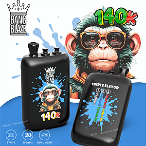Two black Bang Blaze vape pods with blue splash graphics; one shows 140K and a cartoon monkey, the other shows Triple Flavor.