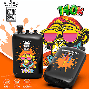 Two black Bang Blaze vape devices with orange splash art, a colorful monkey in pink sunglasses, and 140K branding.