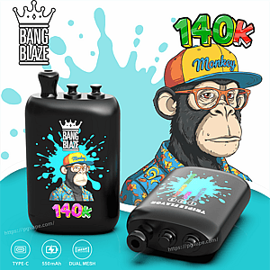 Bang Blaze vape mod with splash graphic and 140k badge, plus a cartoon monkey in shirt with blurred face on teal background