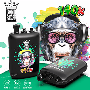 Bang Blaze 140k promo showing a black bottle-style pod and a black battery with colorful paint-splash art and a blurred central panel.