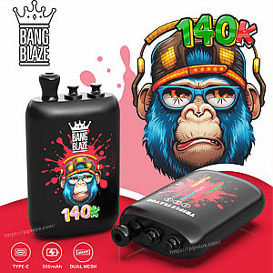 Bang Blaze 140k vape banner with a black pod battery, splash art, and headset graphic.