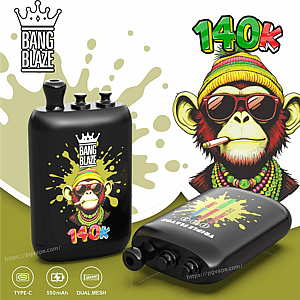 Black Bang Blaze vape device with a colorful monkey graphic and 140k label, shown in multiple angles.